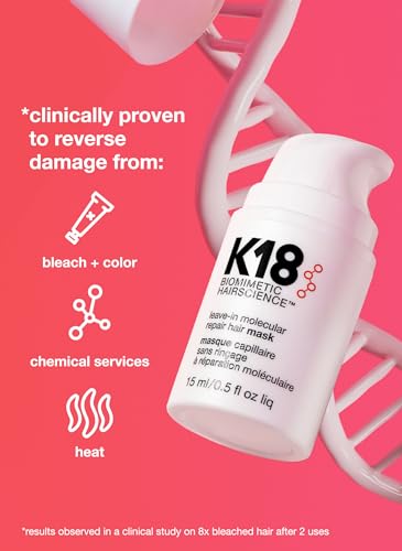 K18 Leave-In Molecular Hair Mask for Dry or Damaged Hair, Reverse Bleach and Heat Damage, Color-Correct and Strengthen H