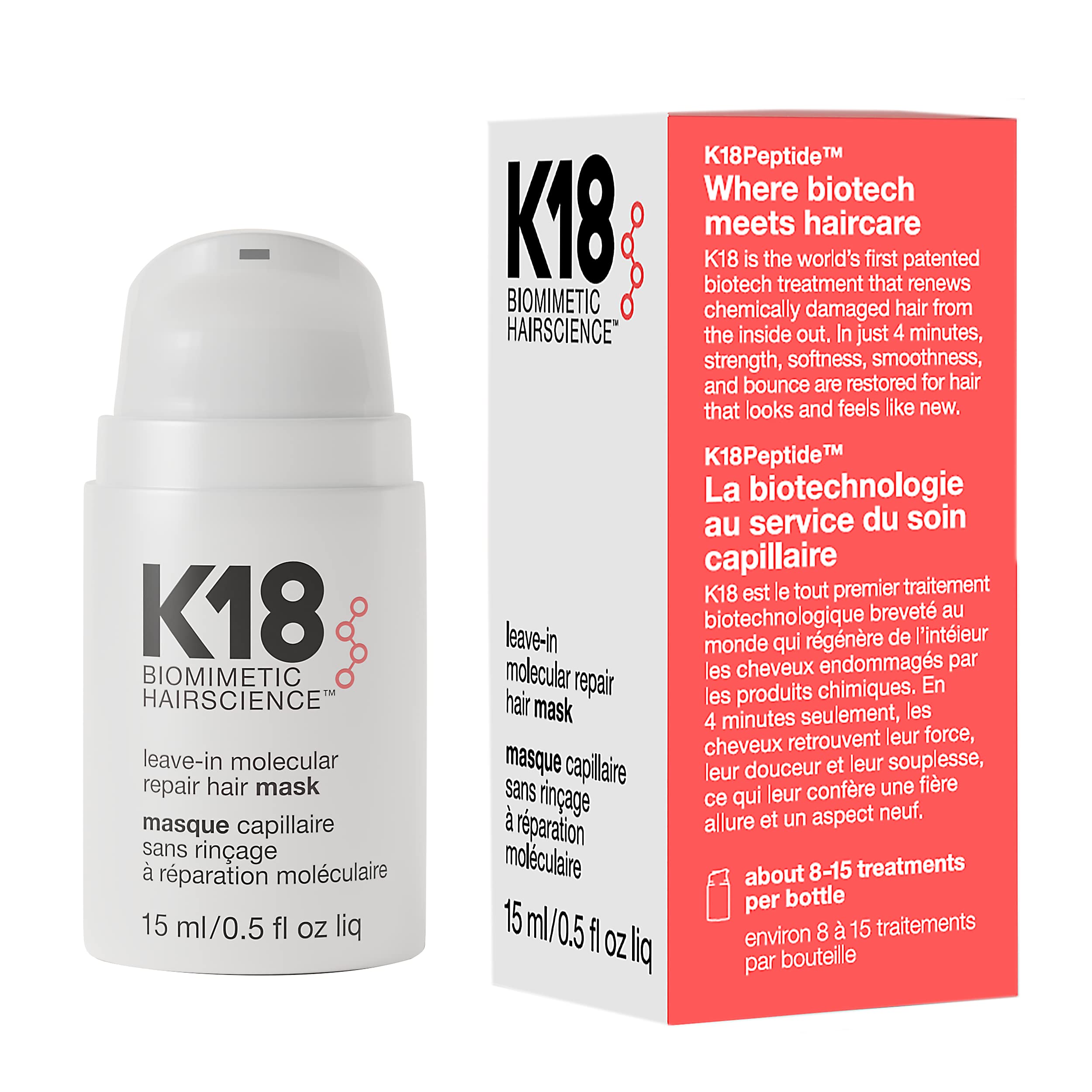 K18 Leave-In Molecular Hair Mask for Dry or Damaged Hair, Reverse Bleach and Heat Damage, Color-Correct and Strengthen H